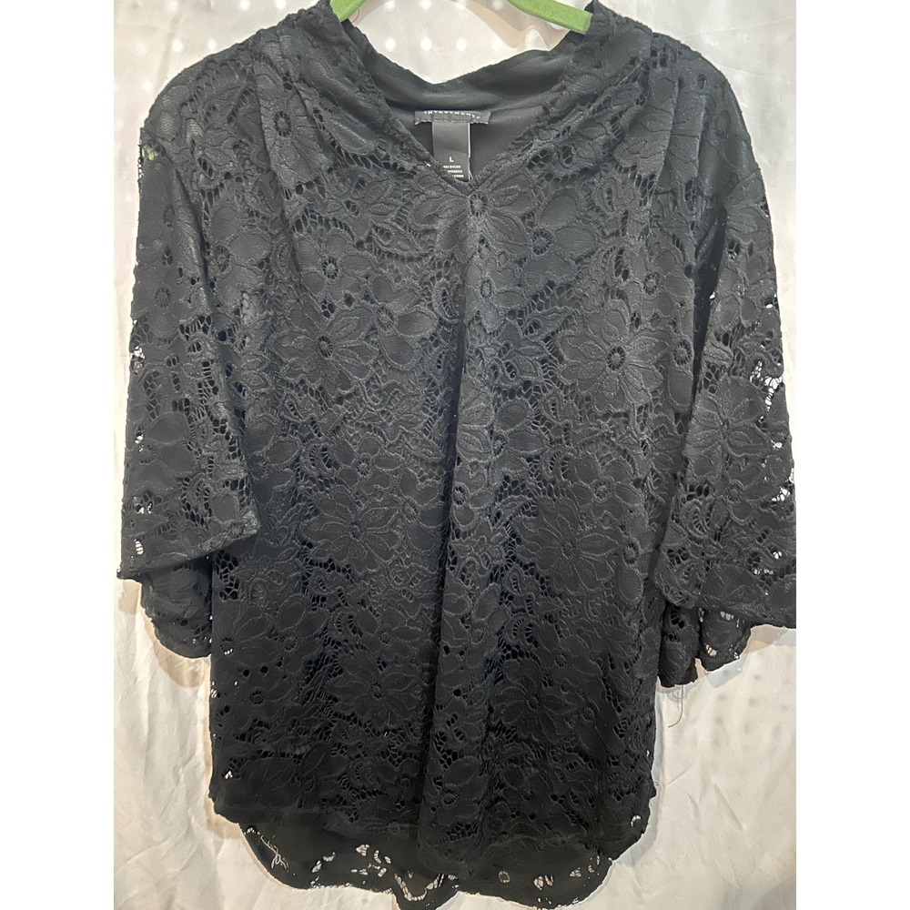 INVESTMENTS Black Lace Bell Sleeve V Neck Blouse Top Women's Size‎ L